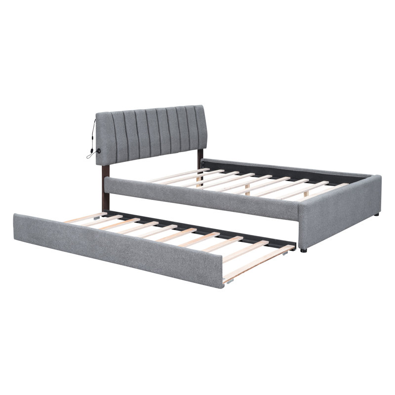 Gray Upholstered Platform Bed With Twin Xl Trundle For A Fun Sleeping Experience Stripe Headboard Queen Size Trundle,, Queen