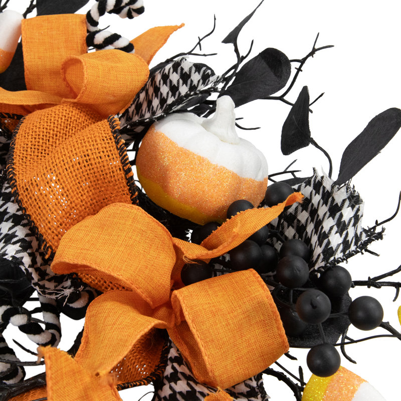 Houndstooth Bows And Candy Corn Halloween Wreath - 24"