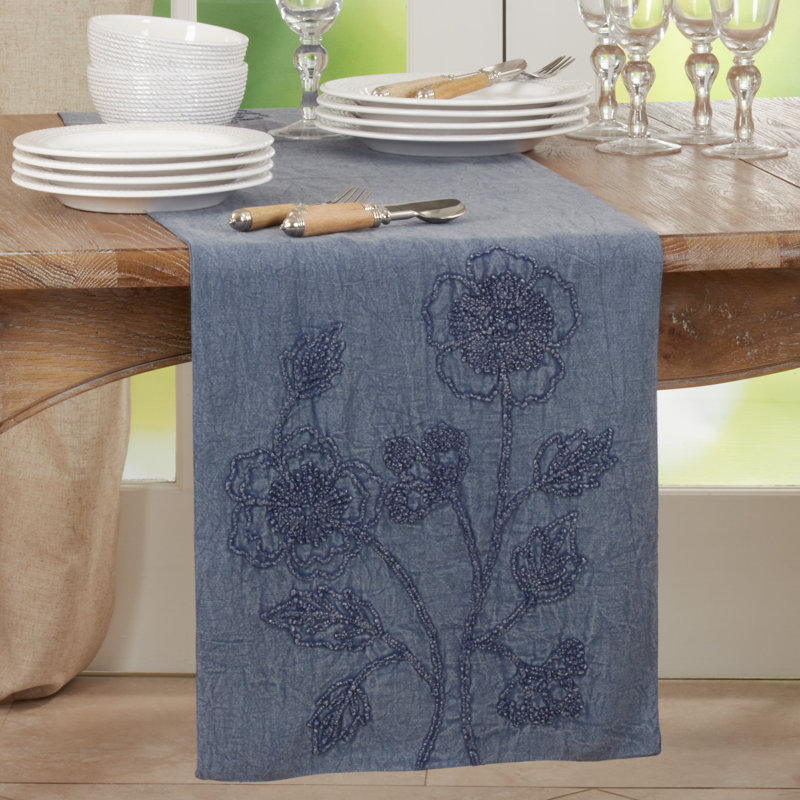 Deep Blue Cotton Floral Embroidered Table Runner