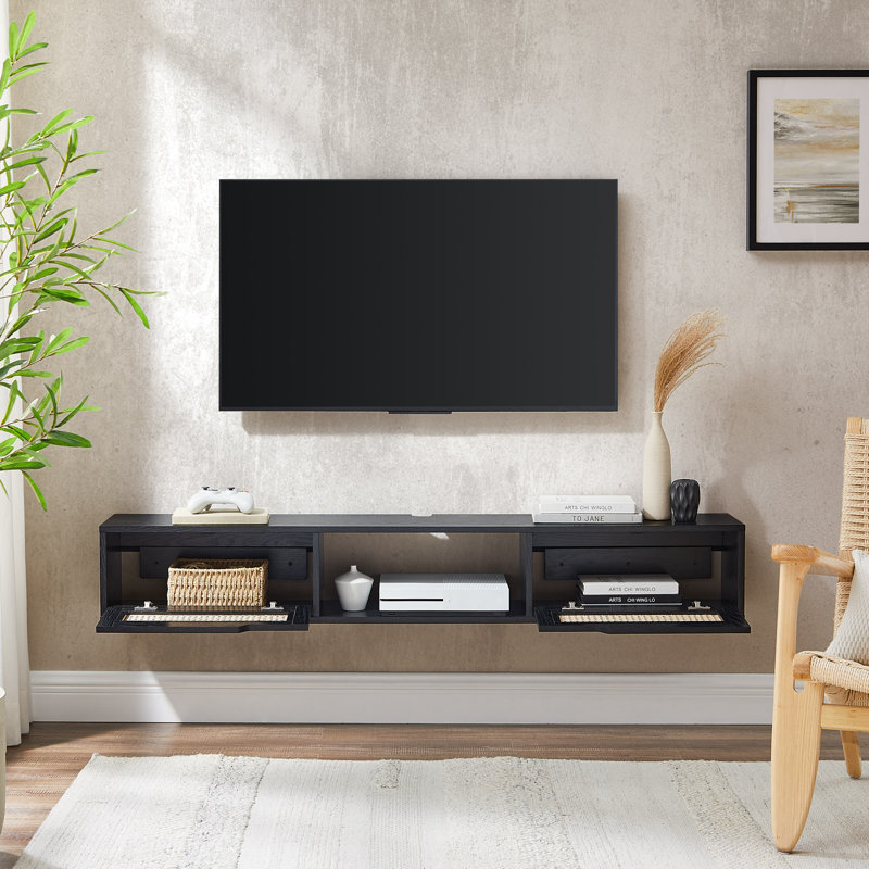 Petoskey Floating Wall Mounted TV Stand with 2-Dropdown Doors, Black, 58" W