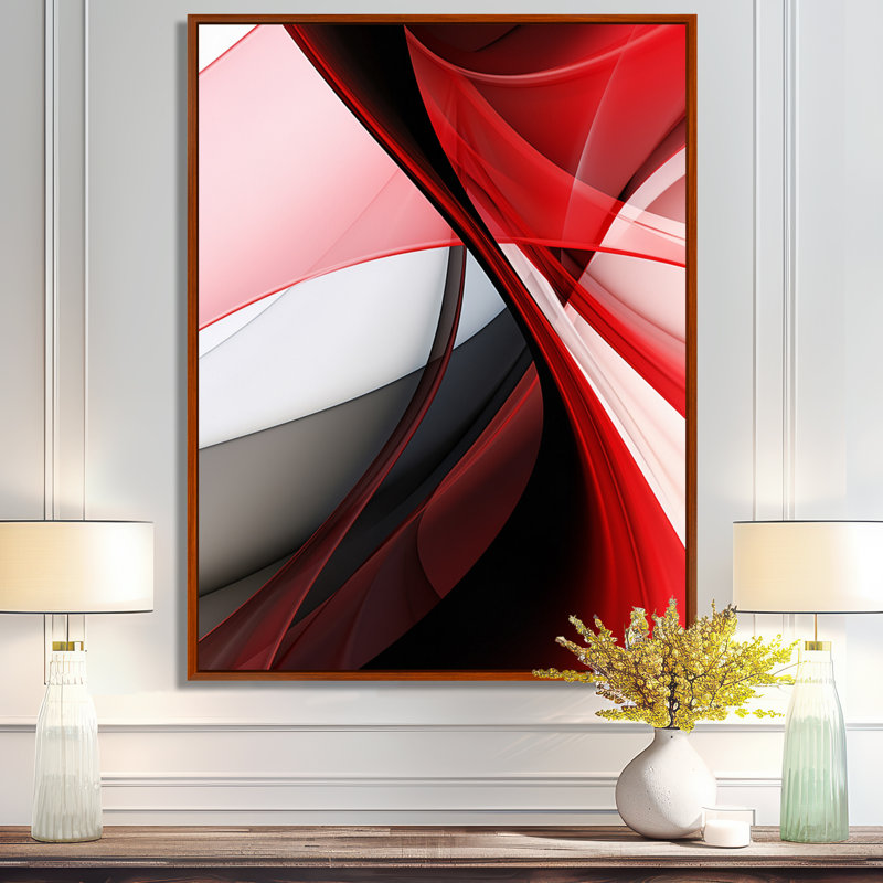 Art mural abstrait vagues rouges, H 20 po x l 12 po x P 1 po, Toile avec cadre flottant noir