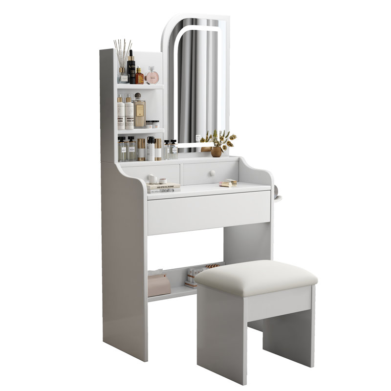 Chic Vanity Table With 3 Color Lights - Spacious Drawers, White, Fashion Desk Mirror And Lighting Selections Offered, Quality, , Large Mirror, Multiple Storage Choices