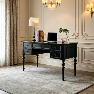 Black Durable Solid Wood 5-drawer Writing Desk