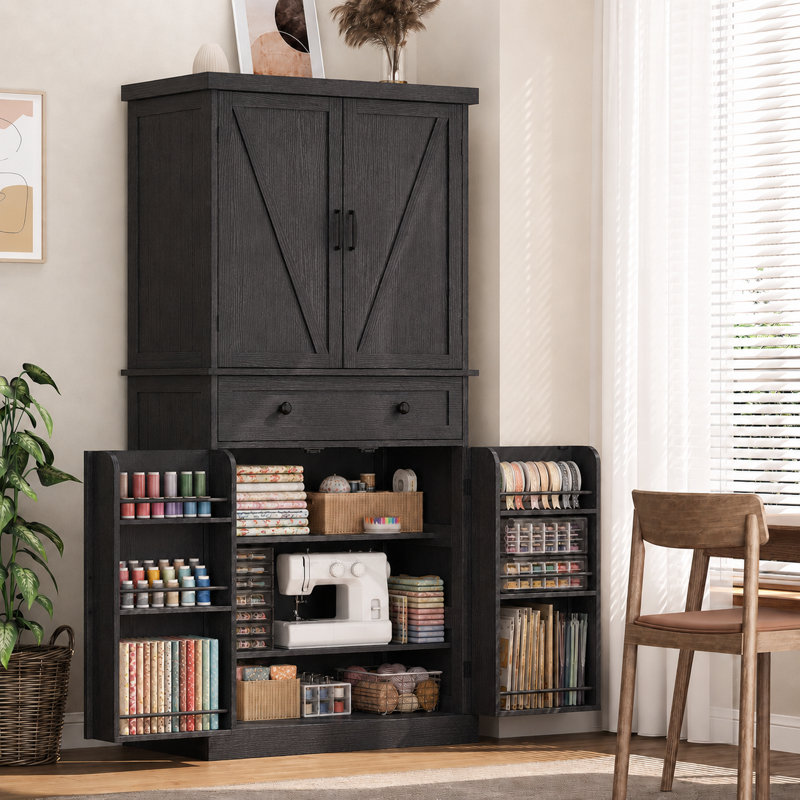 Armoire de rangement pour couture et loisirs créatifs de 183 cm de haut avec étagères réglables, armoire multifonctionnelle pour atelier de couture ou bureau à domicile, noire