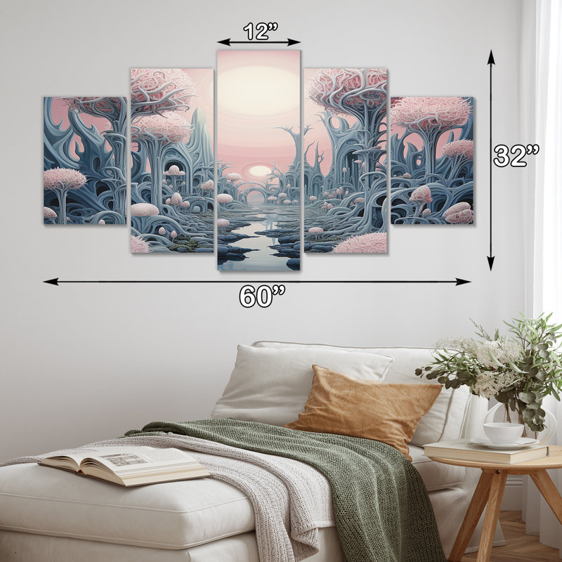 Cvetan - Art mural abstrait paysage 5 pièces, H 32 po x l 60 po