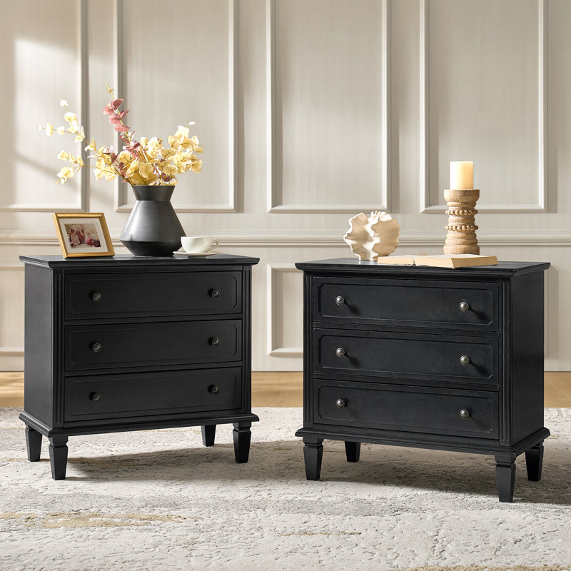 Amberlyn 28.3'' W Transitional 3-Drawer End Table with Built-In Outlet and Solid Wood Legs(Set of 2), Black