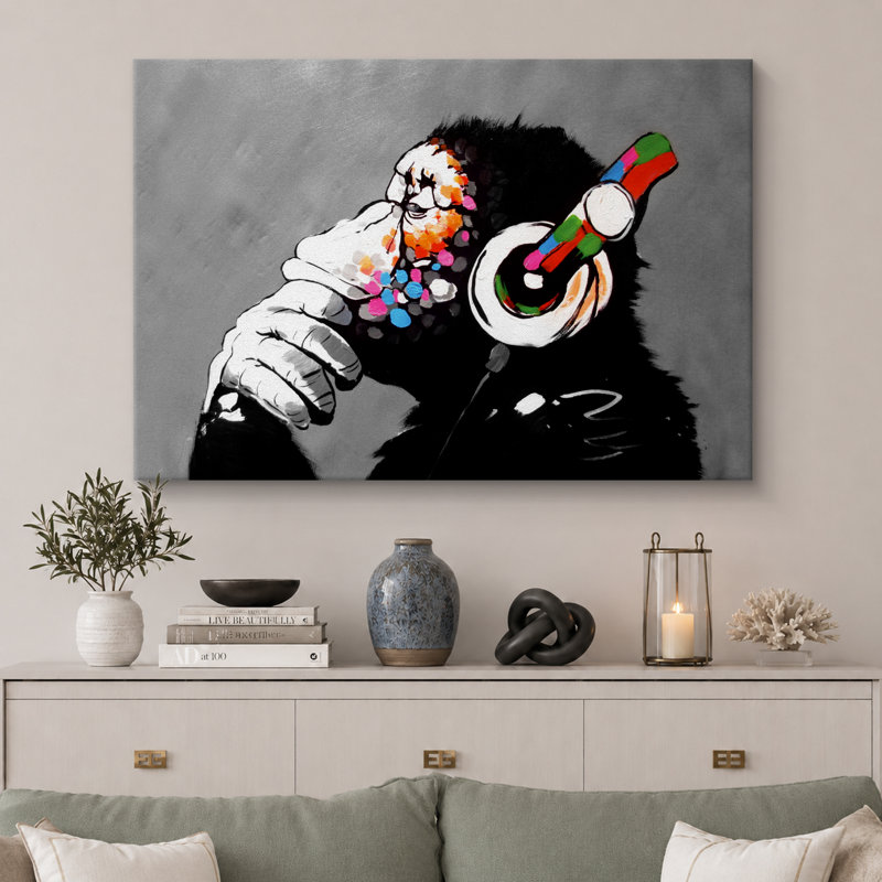 Pop Urban Street "Banksy Thinge Monkey With Head écouters, H 12 po x l 18 po, Toile tendue, Sans cadre