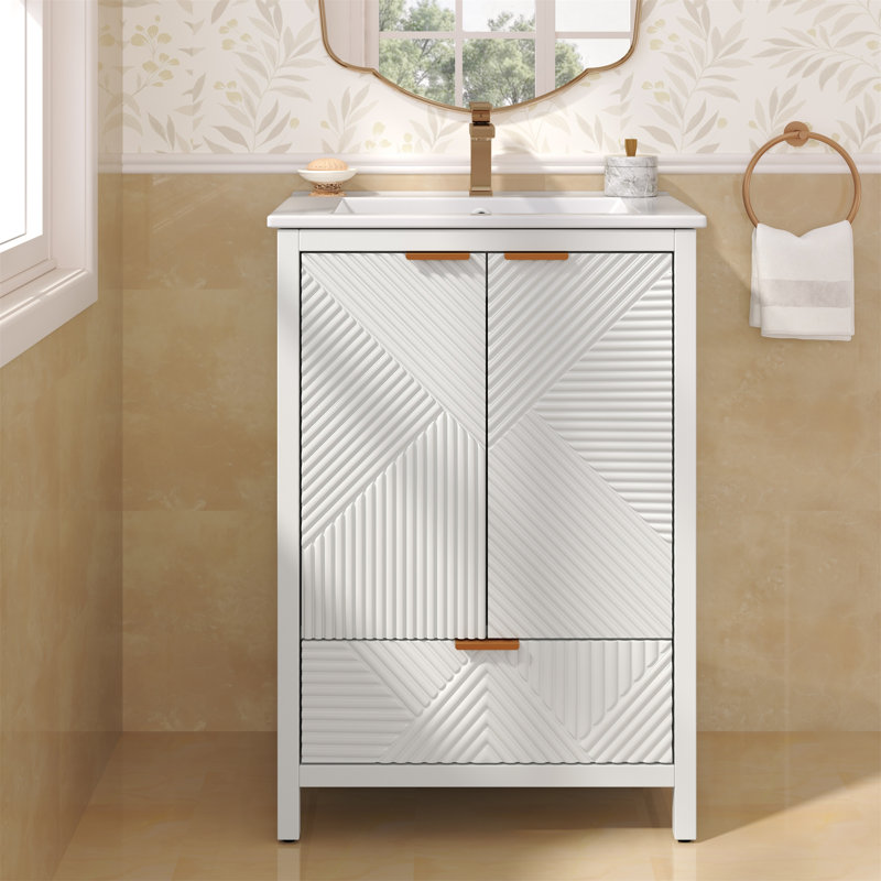 Van Meuble-lavabo moderne blanc 24 po H - Trou de robinet simple, panneaux de porte texturés, pieds de tiroir et de pin, grand rangement avec charnières à fermeture en douceur
