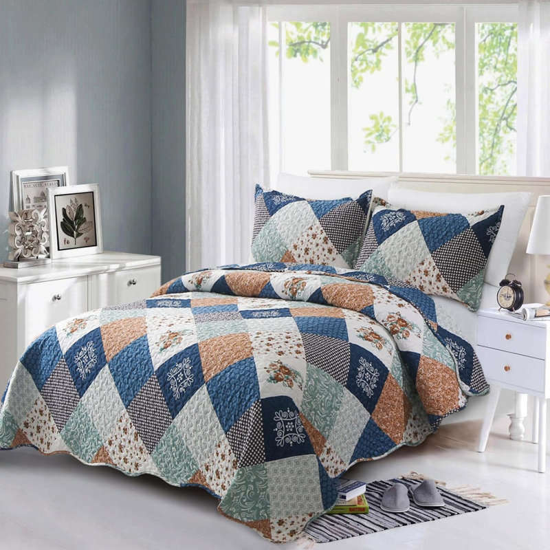 Ensemble de couvre-lit toutes saisons 3 pièces, Bleu, Courtepointe très grand et 2 très grandes taies 