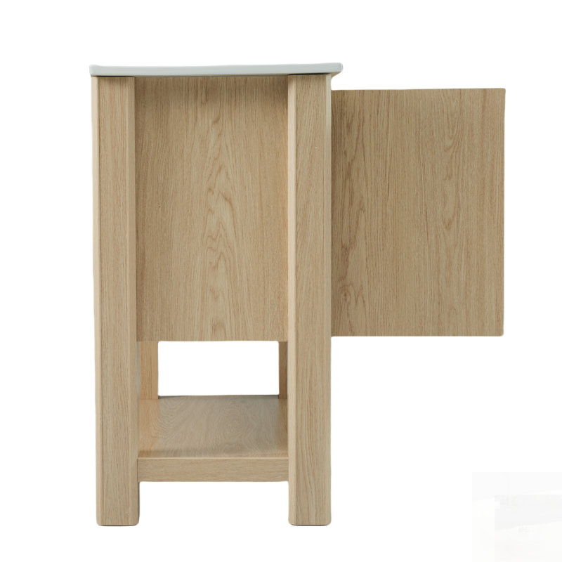 Meuble-lavabo moderne avec lavabo en céramique, grand rangement, portes à fermeture douce et tablette ouverte pour une élégance naturelle