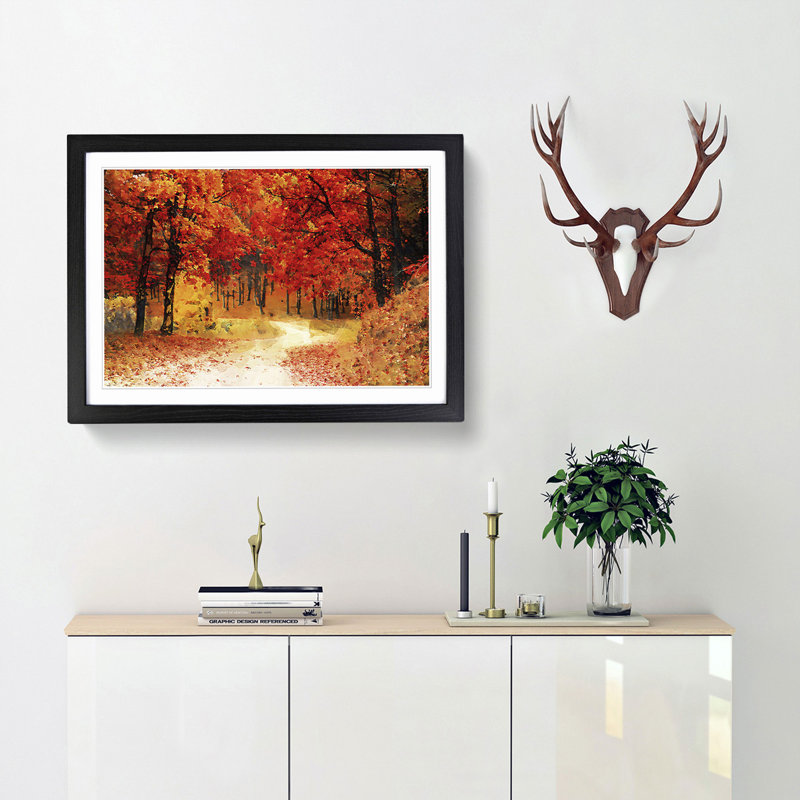 Path Through the Forest at Autumn in Abstract - Picture Frame Painting Print, 48cm H x 65cm W x 2cm D, Black Framed