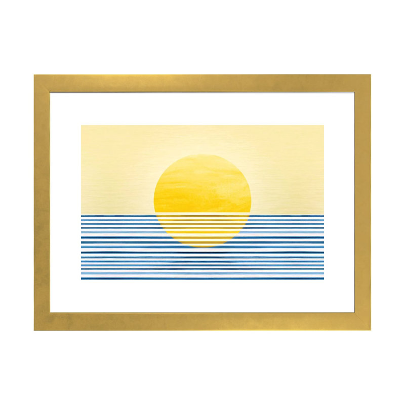 Sunset II-impression d’art graphique abstraite, H 24 po x l 32 po x P 1 po, Papier encadré doré, Blanc