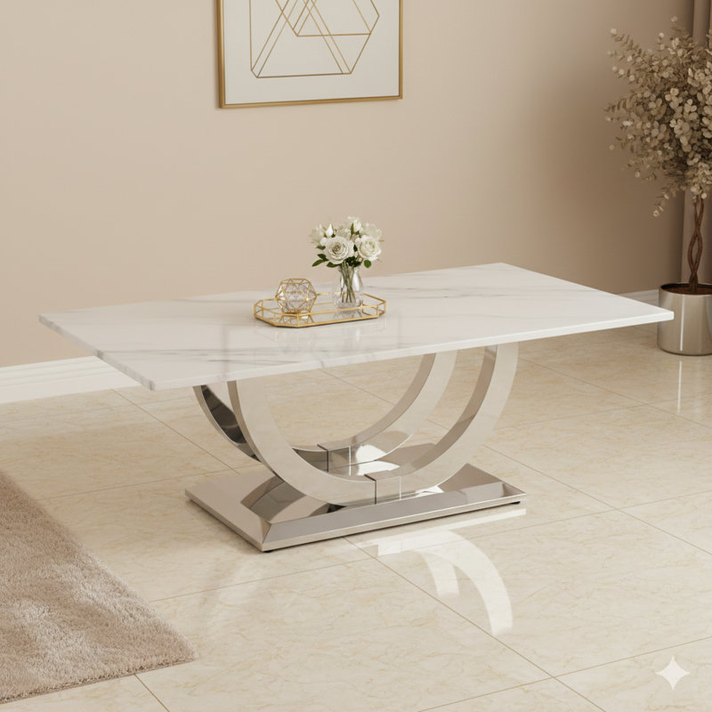 50.4 Inch Contemporary Rectangular Cocktail Table, Marble Pattern MDF Top, Silver Stainless Steel Base.