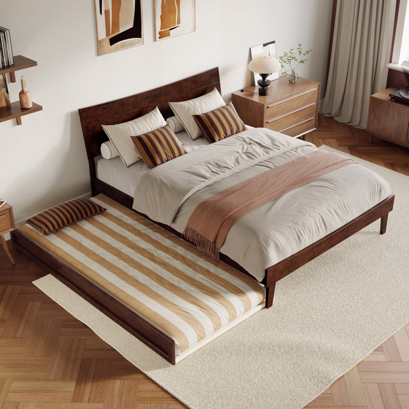 Phoenix Wood Platform Bed with Trundle, Walnut, Queen