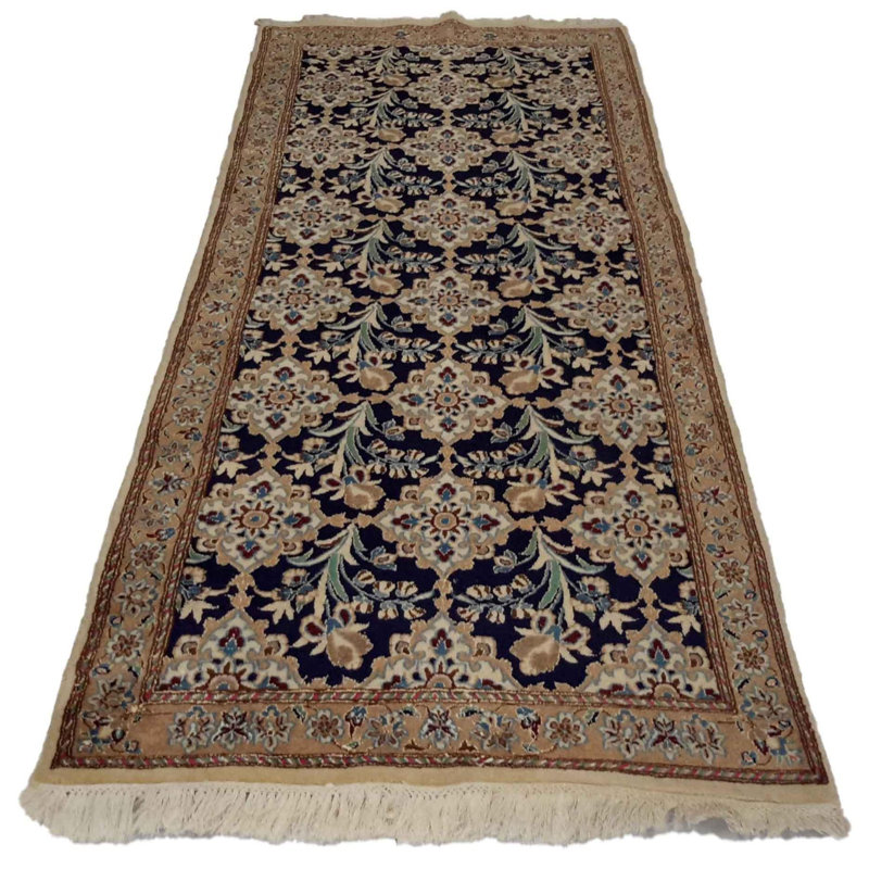 Tapis oriental en coton / laine vert / brun / bleu marine 2 pi 11 po x 8 pi Oriental