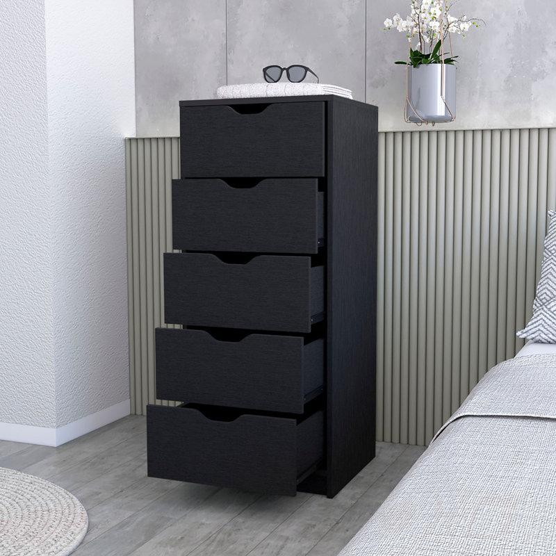 Commode 5 tiroirs Dillon, commode haute avec mécanisme coulissant facile et conception compacte, Noir