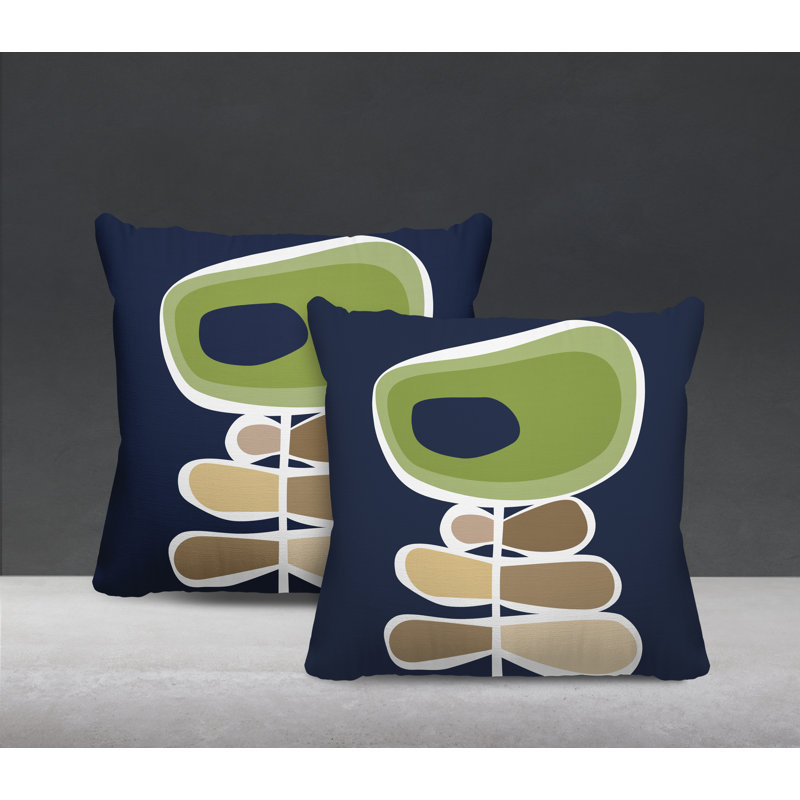 Jeté carré en polyester / mélange de polyester intérieur / extérieur, 15 po x 15 po, Chartreuse / bleu marine / beige