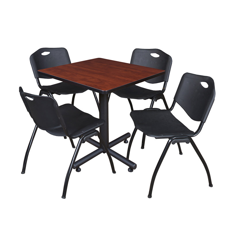 Table de salle de repos carrée Nicklo, chaises empilables 4 M, Cerisier, Noir