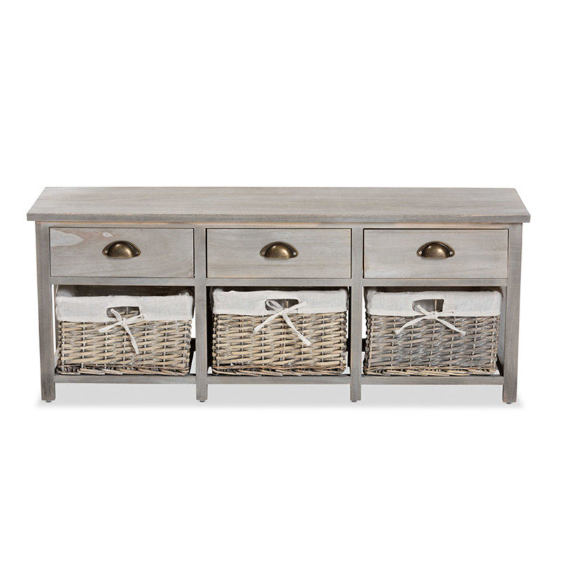 Mabyn Light Grey Wood & Wicker 3-Drawer Storage Bench