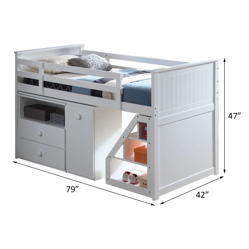 Crowder Transitional 2-Drawer Twin Loft Bed Set with Bookcase and Swivel Desk in White