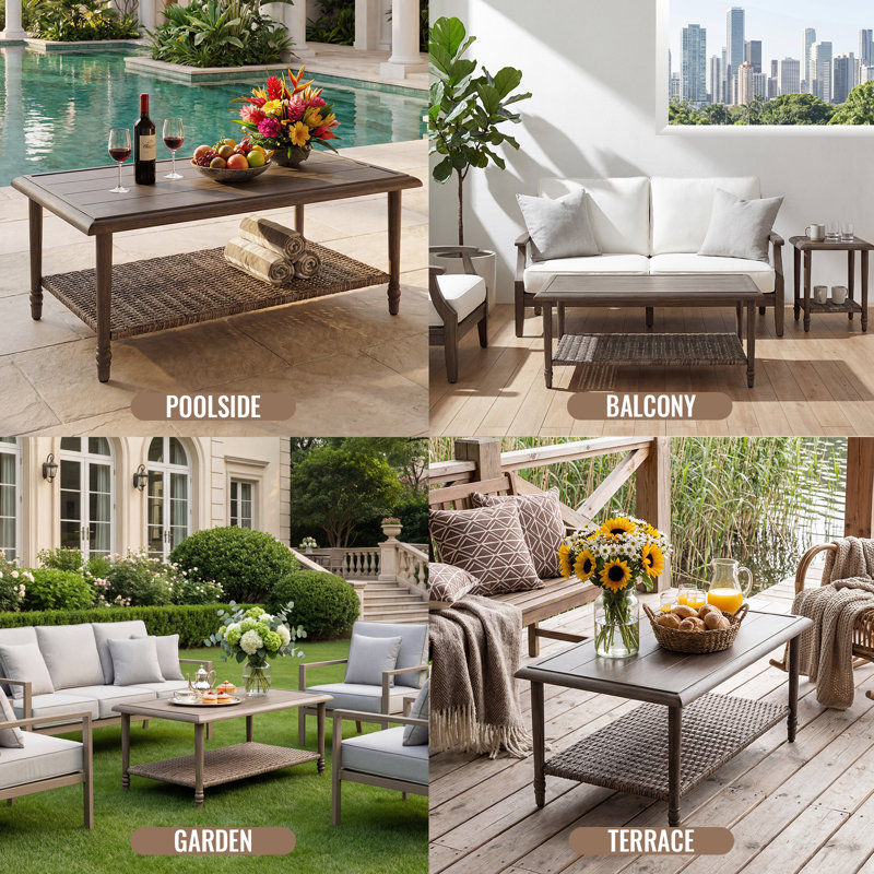 42 Inch Rectangular  Outdoor Coffee Table with Large Wicker Storage Shelf– Patio, Garden, Backyard Furniture