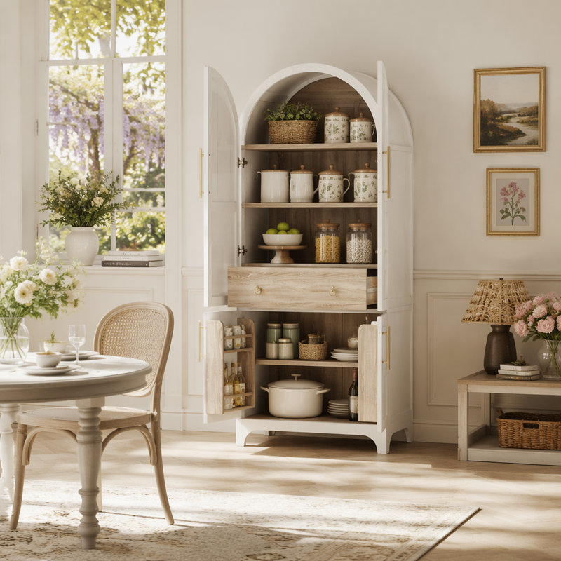 Grand garde-manger arqué 71 po avec tablettes de porte, Blanc