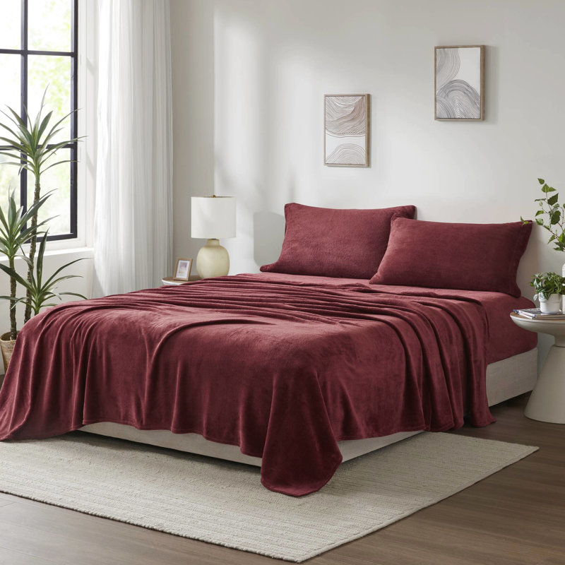 Drap simple 3 pièces, bourgogne, ultra doux et confortable, 100%, côtés brossés, velours, drap plat, taie d'oreiller ajustée, convient aux matelas de 16 po, lavable à la machine, en bourgogne confortable et chaud, double