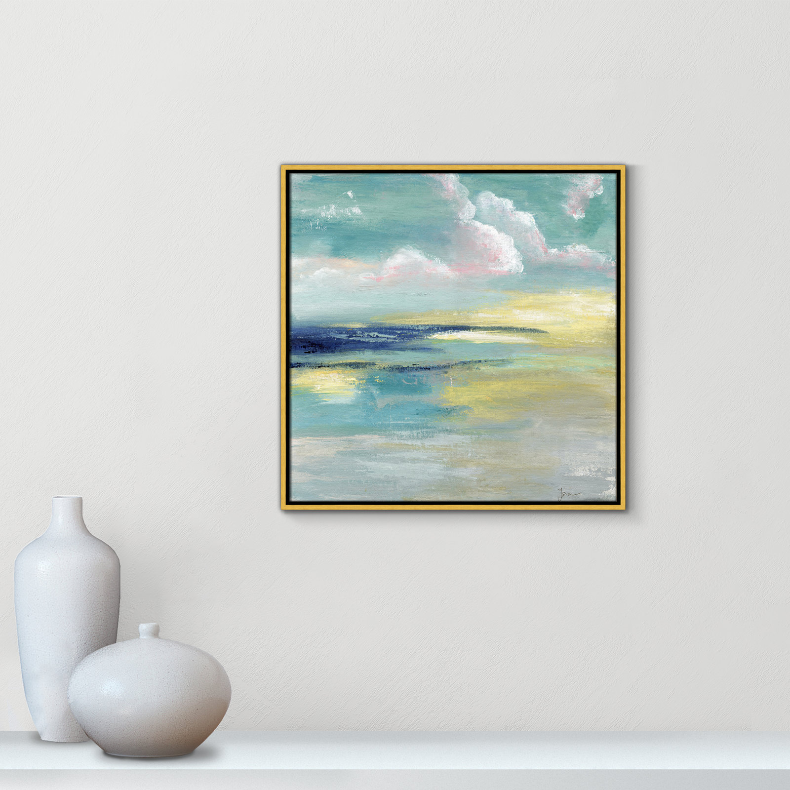 Bertie "Ocean View" Painting by Tava Studios, 25.5" H x 25.5" W x 2" D, Gold Framed Canvas