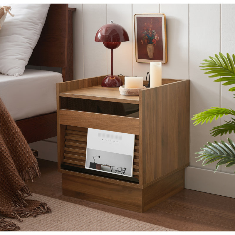 Table de chevet moderne de style Mid-Century brun avec station de charge, lumières à DEL avec sélection de couleur, 2 tiroirs pour l'organisation de la chambre à coucher, assemblage rapide dans la conception, divers et motif