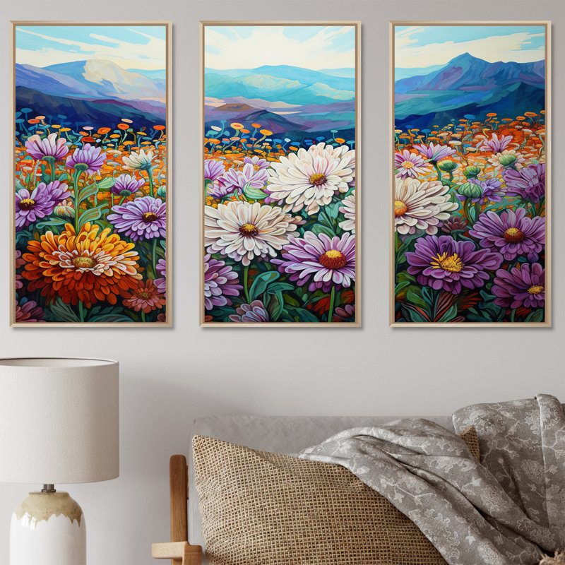 Ensemble de salon Mums Flowers In Mountain Scenery III - Flowers Wall Art, Cadre naturel flottant, H 40 po x l 60 po x P 1 po