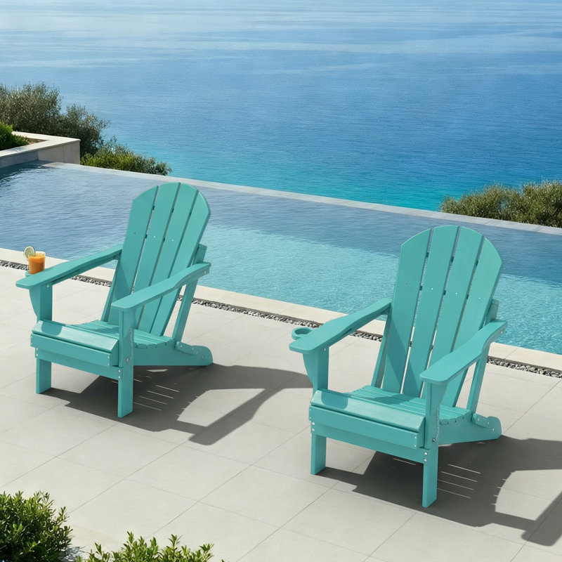 Outdoor Foldable Adirondack Chair Set HDPE Fire Pit Chair Weather Resistant, Lake Blue