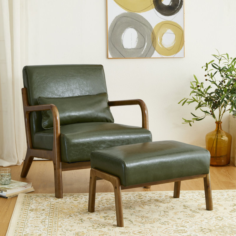 Tabouret et chaise d'appoint en similicuir de style Mid-Century avec pieds en bois d'hévéa noyer, Vert