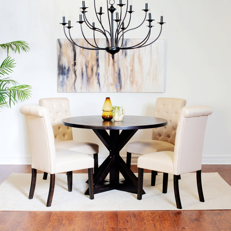 Darmani Dining Table Set, 5-Piece Dining Table Set, Round Dining Table With Four Button-Tufted Chairs, Beige