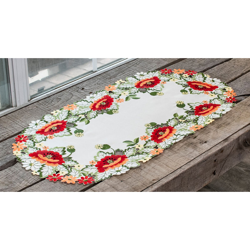 Chemin de table Naber Red Poppy sur ivoire, 27 po x 12 po