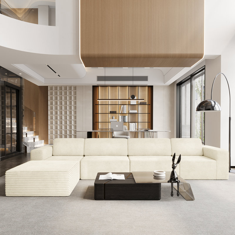 Modular Corduroy 404cm 4-seater Sofa With 1 Ottoman, No Assembly Required, With High Rebound Sponge, Beige