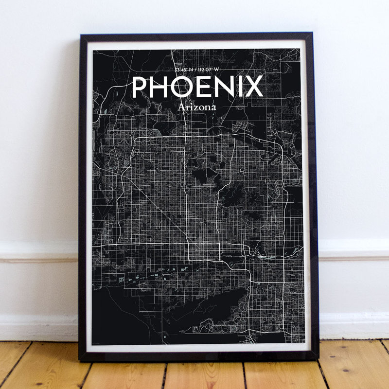 Phoenix City Map - Unframed Graphic Art Print on Paper, 50.8cm H x 40.6cm W x 0.13cm D, White/Grey