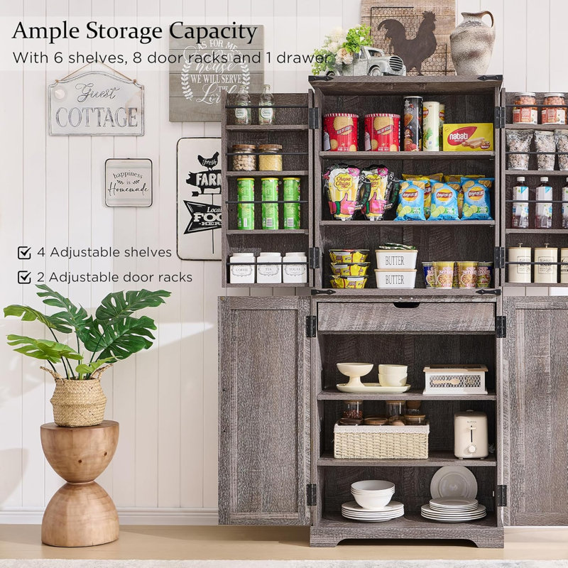 Aaleah 72'' Kitchen Pantry With Classified Pantry Door, Storage Cabinet with Organizer, Drawer, Gray