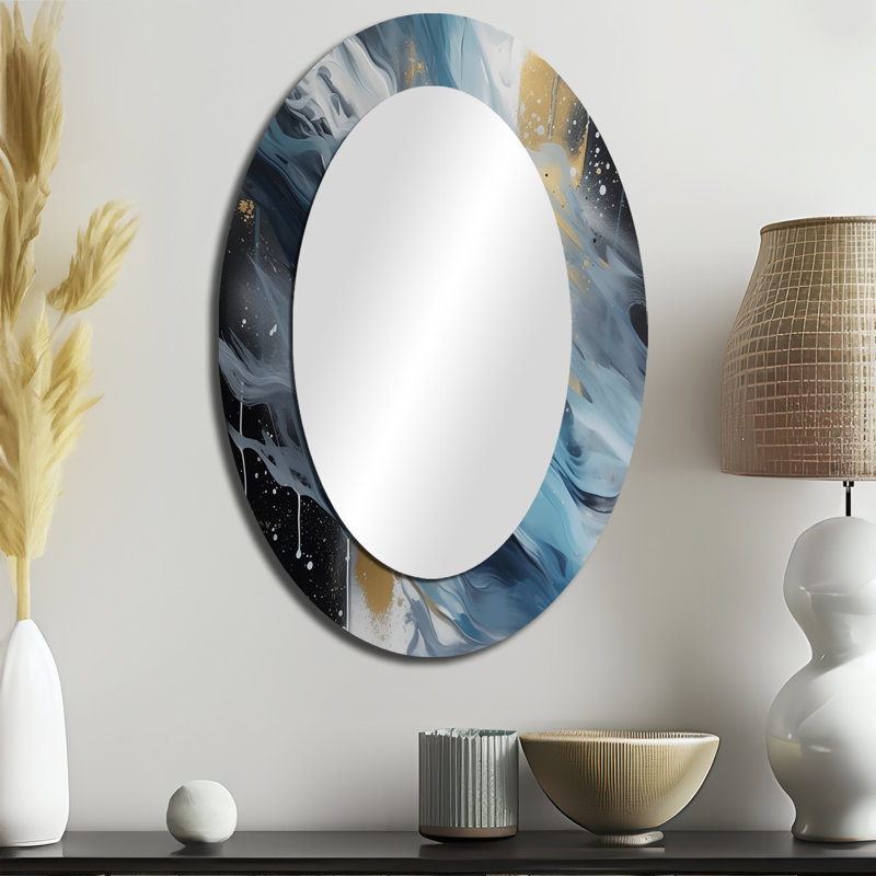 Blue And White Transcendent Brushstrokes II - Large Oval Wall Mirror On Metal, 36" x 24"