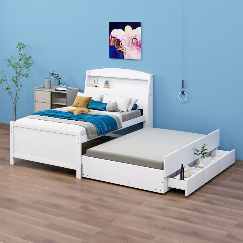 Platform Bed With Storage LED Headboard, Trundle Bed And 3 Drawers, Twin