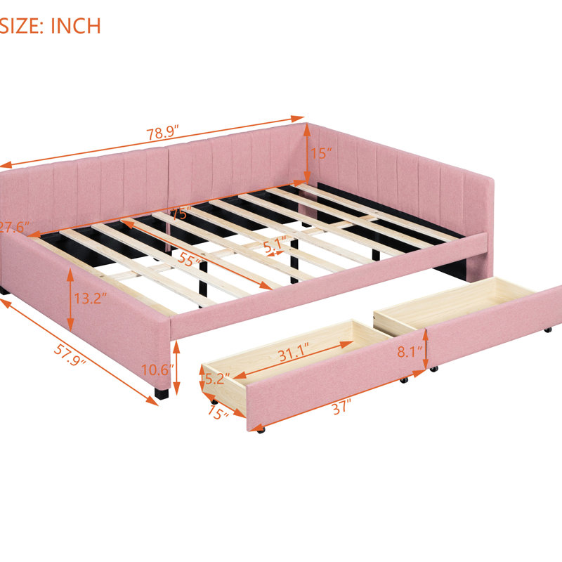 2 lits de jour avec housse en lin rose, sans sommier tapissier, lit plateforme pleine grandeur 2 tiroirs - lin, structure solide pour un repos confortable