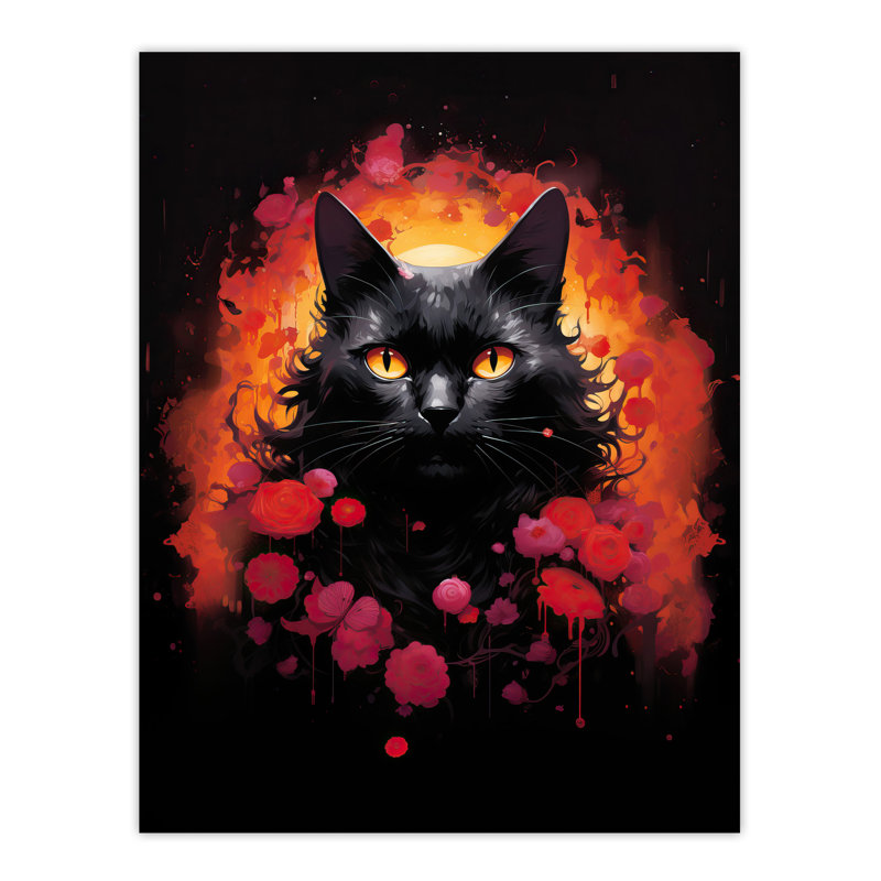 Wall Art Print Cat Lover Gift Pet Portrait Roses Flames Artwork Painting Poster