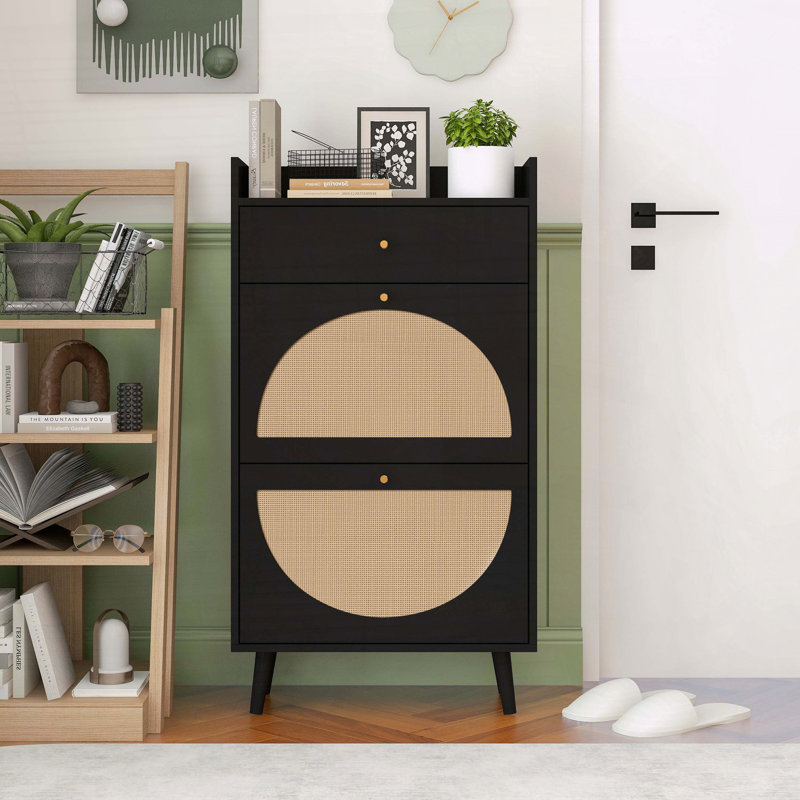 Rattan Shoe Cabinet with Double Shelf and Pine Wood Feet, Natural