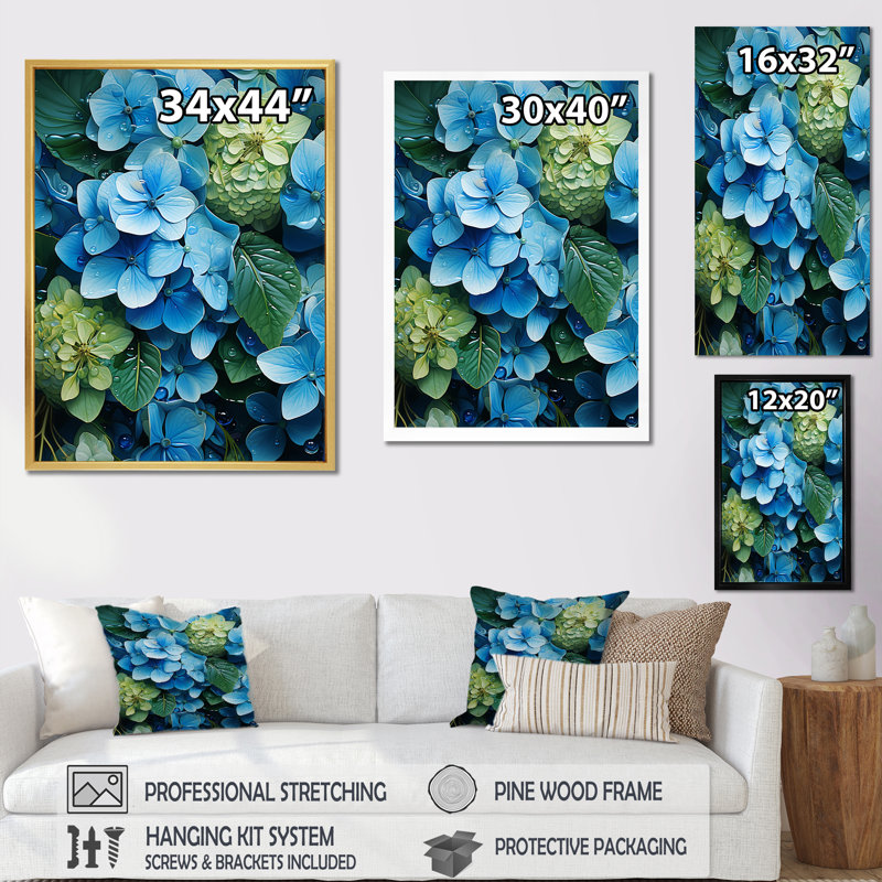 «Méticuleusement rendu hortensia fleurs I», reproduction sur toile, Cadre photo argenté, H 40 po x l 30 po x P 1,5 po