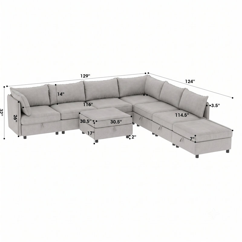 Canapé modulaire modulaire avec rangement caché, canapé convertible réversible, Grey, 8