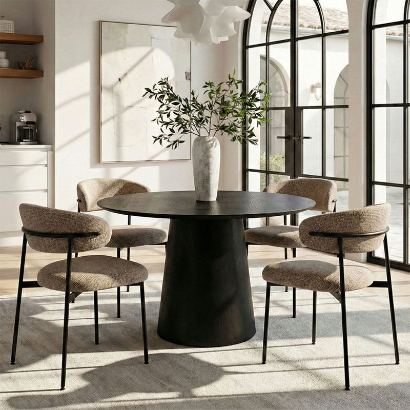 5-Piece Round White Oak Dining Table Set For 4, Light Brown