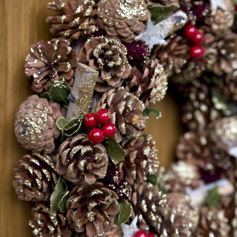 Christmas Hanging Wreath Large - Festive Pine Cone Display with Gold Frosting, 38cm x 38cm
