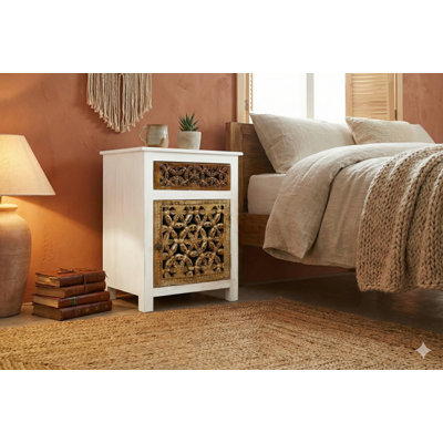 Table d'appoint 30 po en bois massif massif avec tiroir - Table de chevet florale sculptée à la main avec tablette ouverte pour le salon ou la chambre Boho