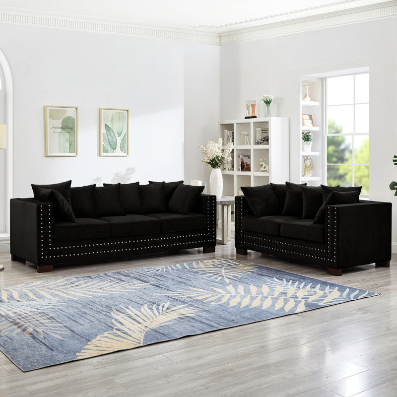 Canapé moderne cinq places, revêtement en velours, accoudoirs carrés cloutés argentés, sièges confortables, housses amovibles, housses de coussin avec fonction rangement