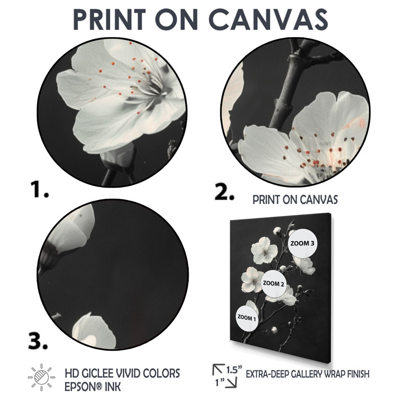 Silhouette de fleur de cerisier noir monochrome II - fleur de cerisier, Toile tendue, 44" H x 34" W