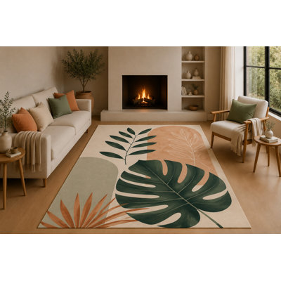 "Ultra Lightweight" 5'x7' Tropical Botanical Area Rug with Non-Slip Silicone Backing Low Pile Soft Carpet for Living Room Bedroom Monstera Palm Leaf Decor